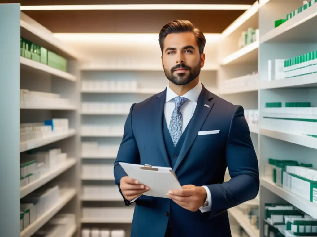 Farmacéutico masculino elegante examinando receta en farmacia bien iluminada con productos farmacéuticos organizados