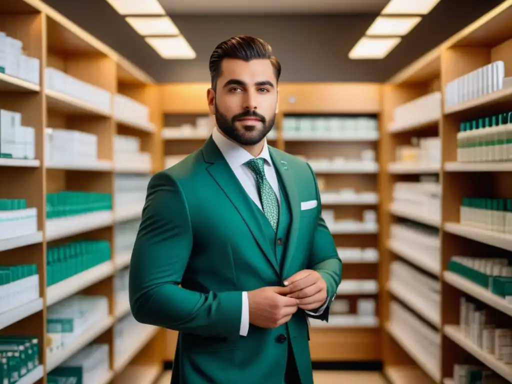 Farmacéutico masculino elegante, seguro y profesional en una farmacia bien iluminada