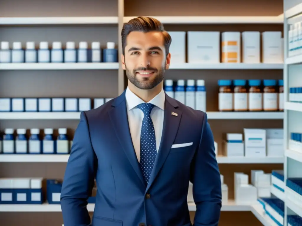 Farmacéutico moderno muestra tendencias moda masculina en farmacia