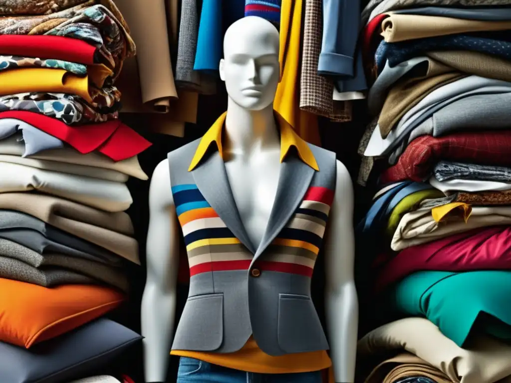 Impacto ambiental de la moda masculina: maniquí rodeado de ropa desechada, fábricas y colores vibrantes