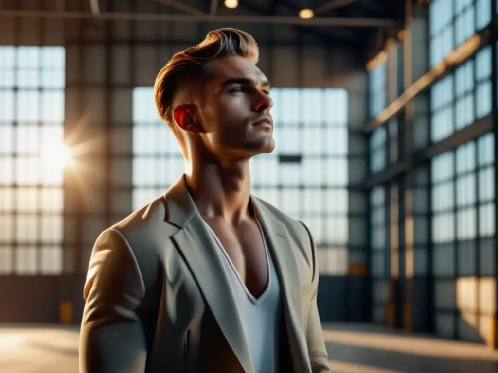 Técnicas de iluminación para moda masculina en un almacén industrial con modelo masculino