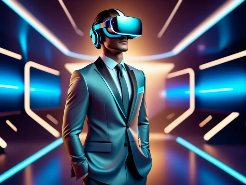 Beneficios de VR en moda masculina: modelo confiado con traje en entorno futurista de realidad virtual