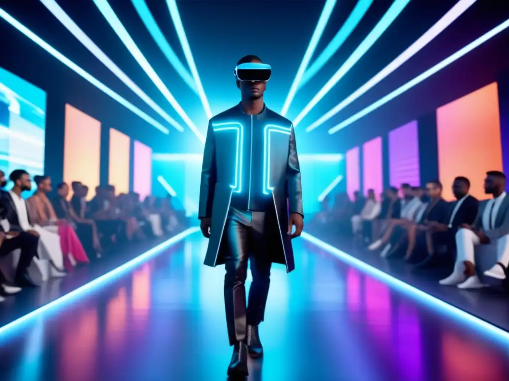 Tendencias moda masculina en realidad virtual: Desfile futurista de moda sostenible, modelos masculinos en pasarela holográfica