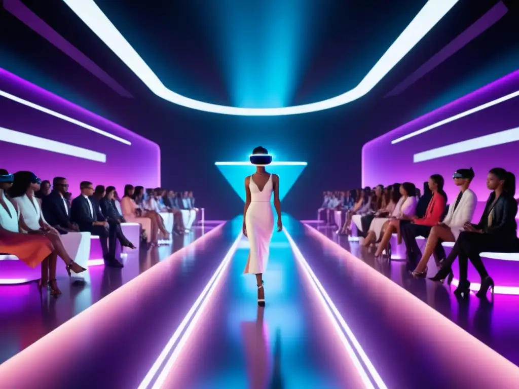 Innovaciones moda realidad virtual: desfile futurista en un entorno de realidad virtual con modelos holográficos y diseño vanguardista