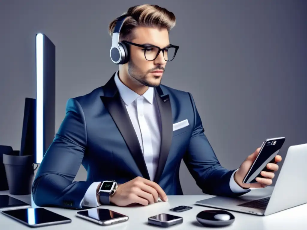 Hombre moderno con gadgets, moda y estilo