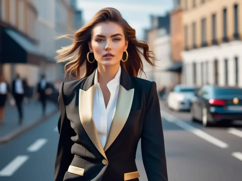 Mujer joven elegante caminando con confianza en la ciudad, influencia de la moda en la percepción