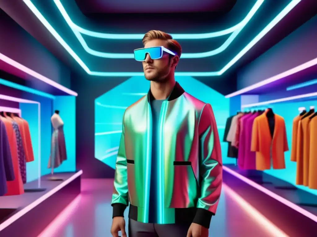 Beneficios de realidad aumentada en moda masculina: modelo con gafas en tienda virtual futurista