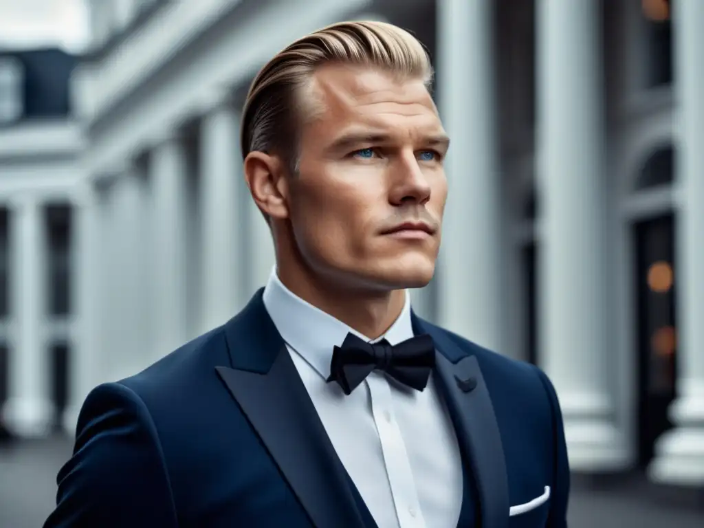 Tendencias moda masculina Escandinavia: Elegante caballero finlandés con traje azul marino, camisa blanca y corbata negra