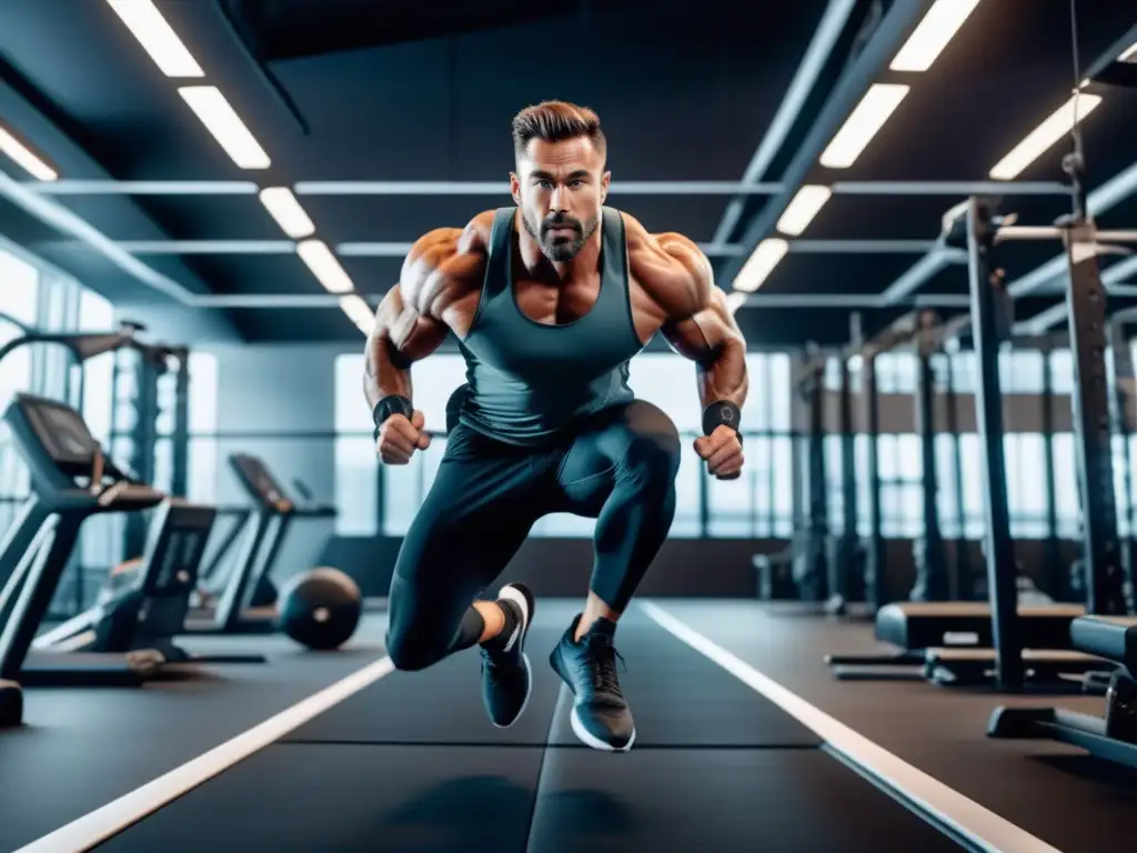 Hombre musculoso en un intenso entrenamiento HIIT en un gimnasio moderno: Beneficios del HIIT para hombres