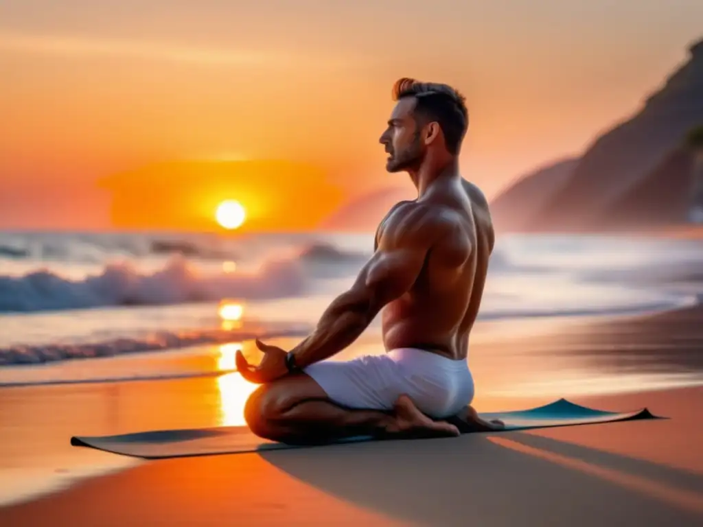 Beneficios flexibilidad hombres: yoga en la playa al atardecer