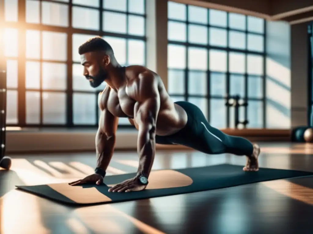 Hombre musculoso en gimnasio, mostrando flexibilidad y beneficios de la flexibilidad en hombres