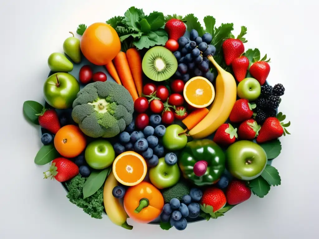 Importancia de alimentos para la piel: variedad de frutas y verduras antioxidantes en imagen 8K con colores vibrantes