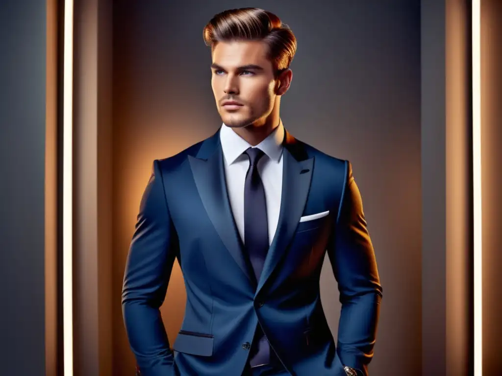 Fotografía de moda masculina brillante, modelo con traje perfectamente ajustado en un entorno moderno y elegante