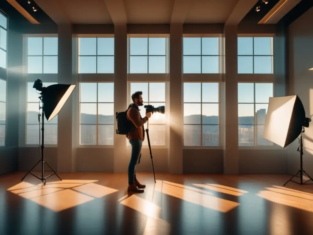 Consejos fotografía estilo personal: Fotógrafo estilizado capturando momentos con luz natural y fuentes de luz variadas