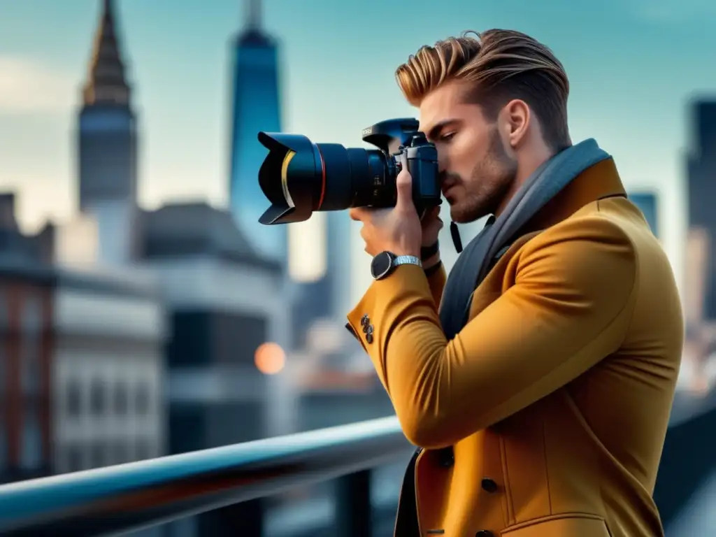 Fotógrafo capturando modelo masculino en entorno urbano, moda masculina y técnicas fotográficas