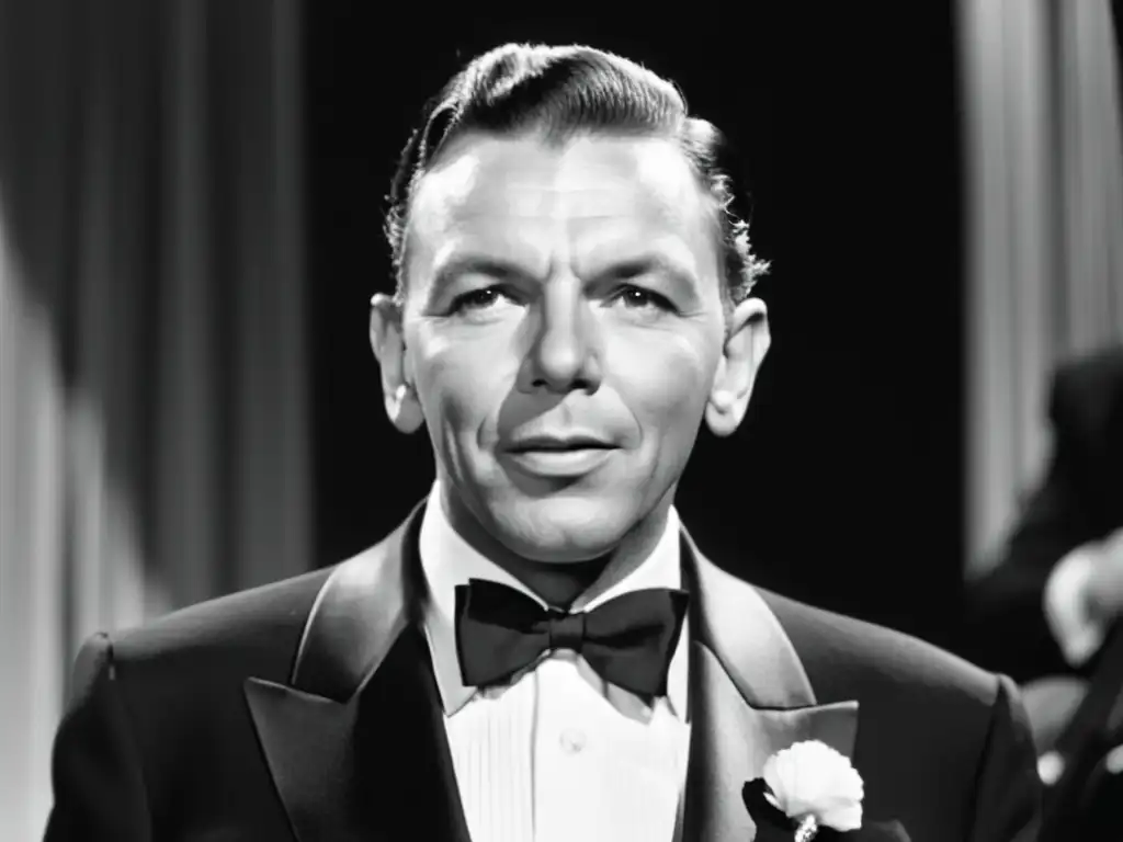 Influencia de Frank Sinatra en moda masculina, imagen de alta resolución en blanco y negro capturando su carisma y estilo inigualables