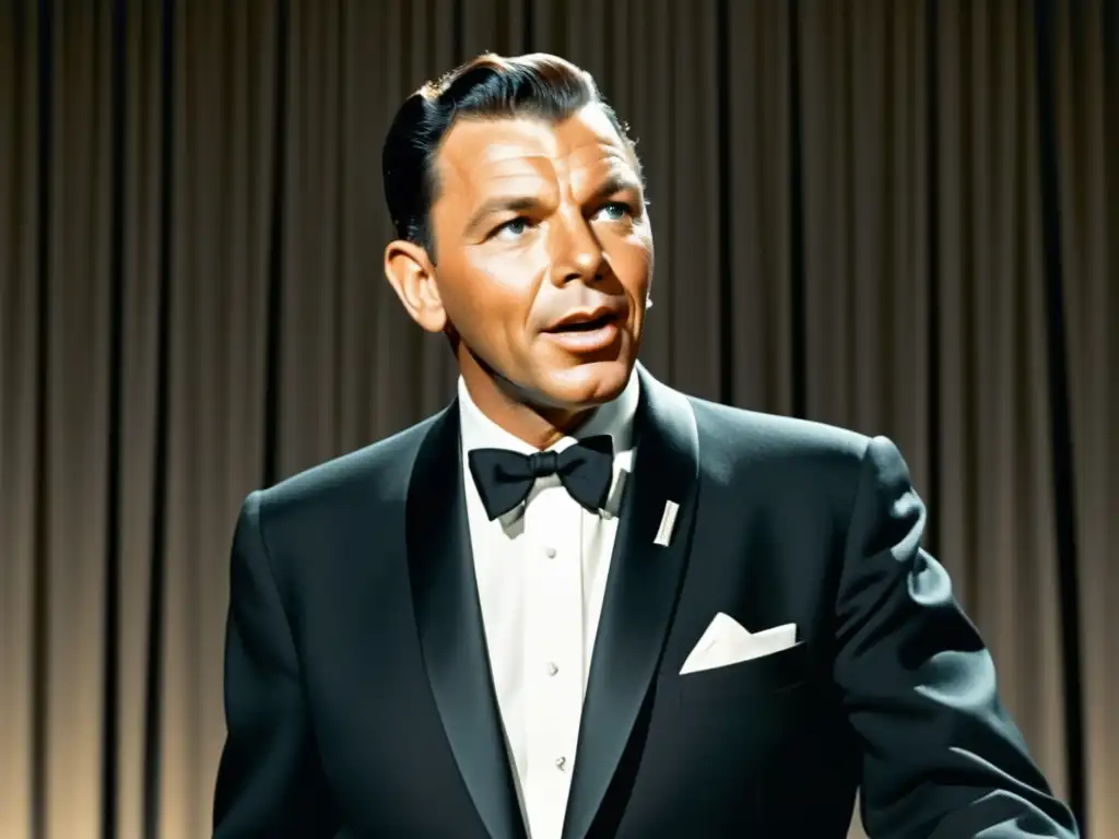 Influencia de Sinatra en moda masculina: Frank en el escenario en los 50s, elegante y carismático, rodeado de admiradores