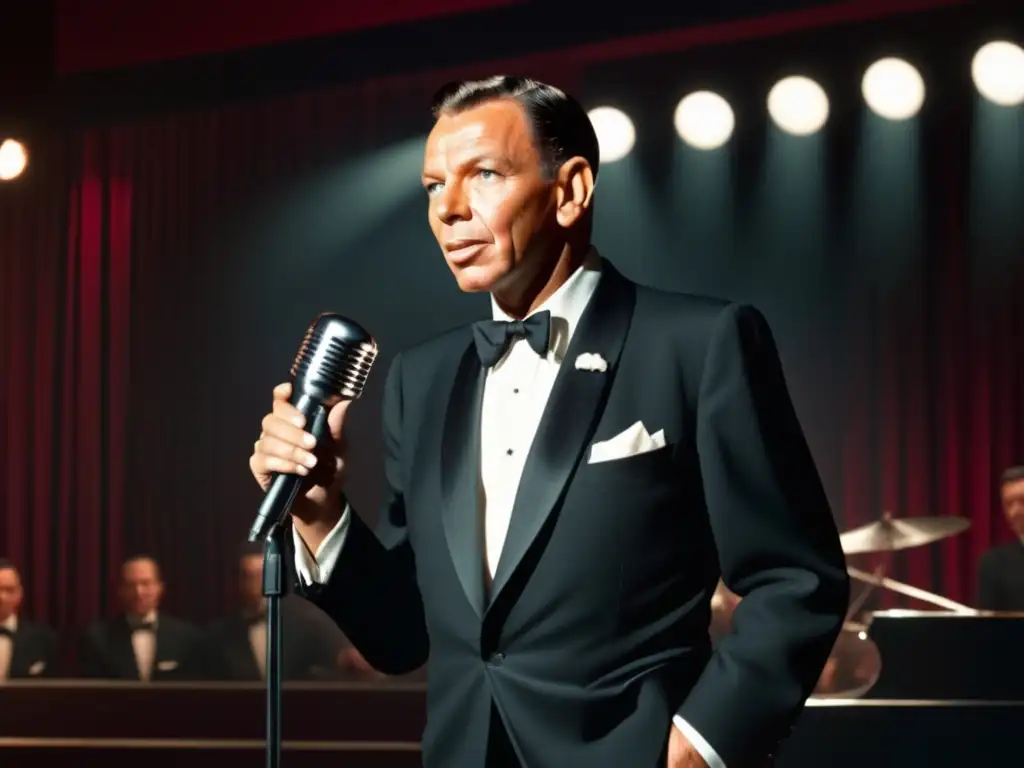 Icono de estilo masculino: Frank Sinatra en el escenario, con traje negro y micrófono, en un club de jazz vintage