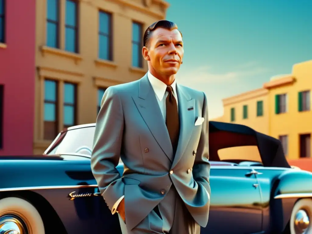 Moda masculina influencia Frank Sinatra: imagen elegante y sofisticada del icónico cantante, destacando su impacto en la moda masculina del siglo XX