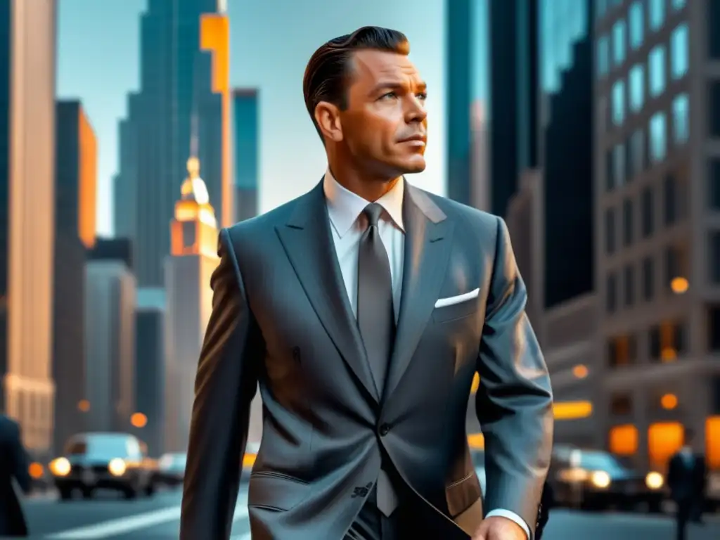 Moda masculina influencia Frank Sinatra: Hombre elegante en traje gris camina por la ciudad moderna