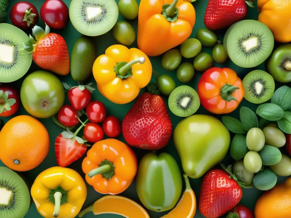 Frutas y verduras frescas y coloridas en un patrón organizado, desenmascaran mitos de nutrición