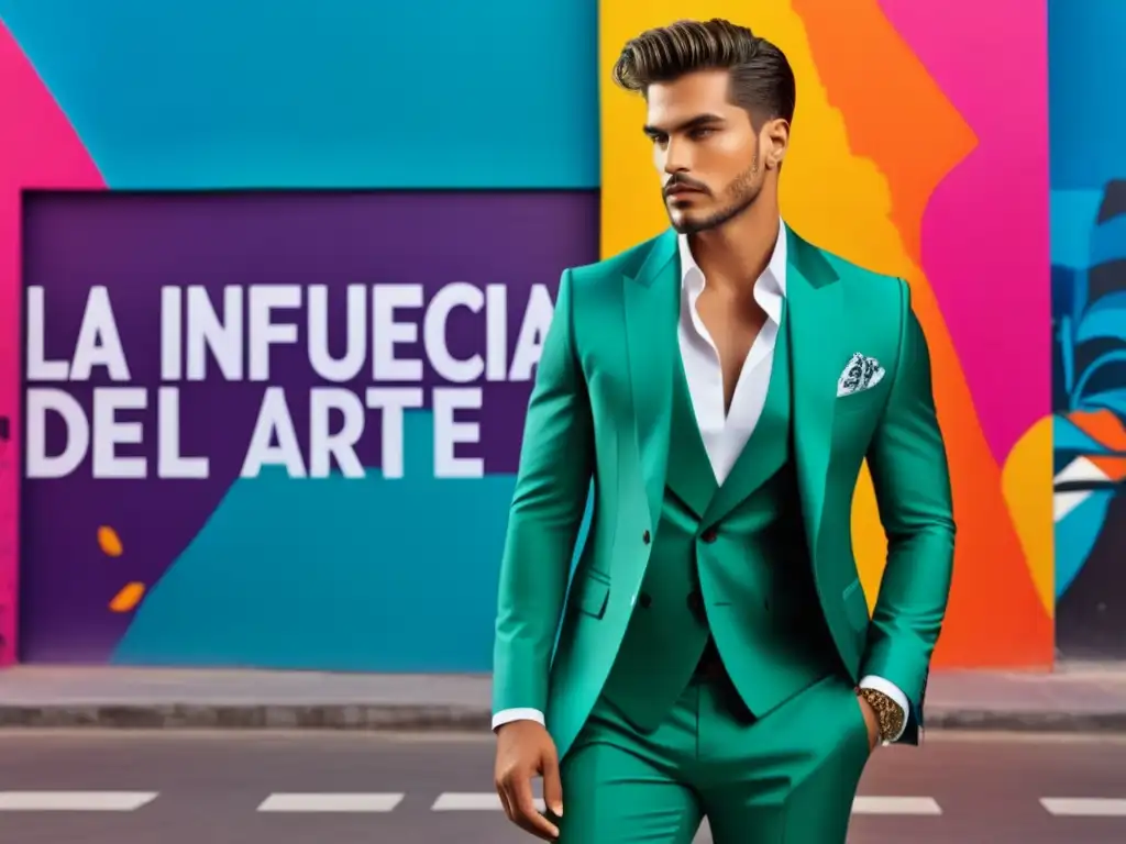 Tendencias moda masculina influencia arte: modelo con traje y graffiti vibrante (110 caracteres)