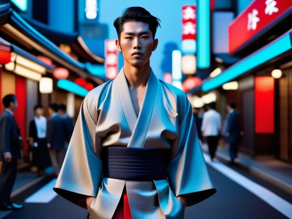 Tendencias moda masculina Japón: Fusión tradicional y futurista en moda masculina japonesa con kimono de diseño único