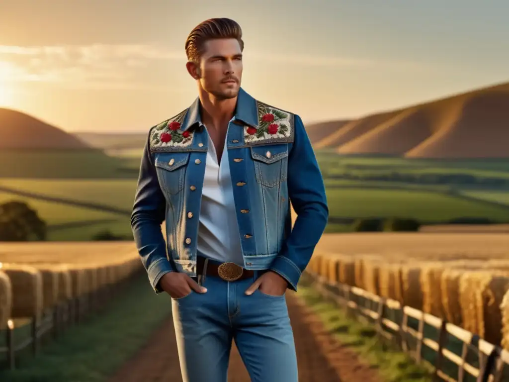 Influencia moda masculina música country, retrato de modelo con elegante atuendo y guitarra acústica vintage en paisaje campestre al atardecer