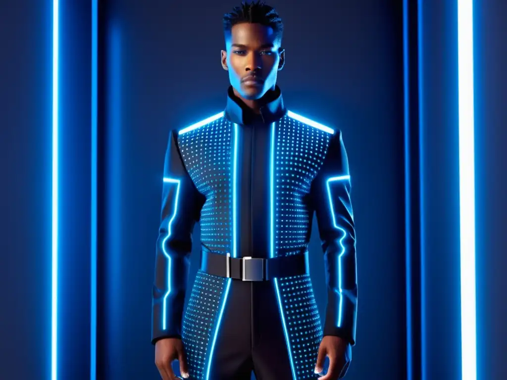 Moda masculina en cine de ciencia ficción: atuendo futurista, minimalista, con patrones de circuitos y accesorios tecnológicos