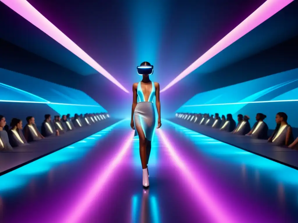 Beneficios de realidad virtual en moda: Futurista pasarela virtual con moda avantgarde y elementos holográficos