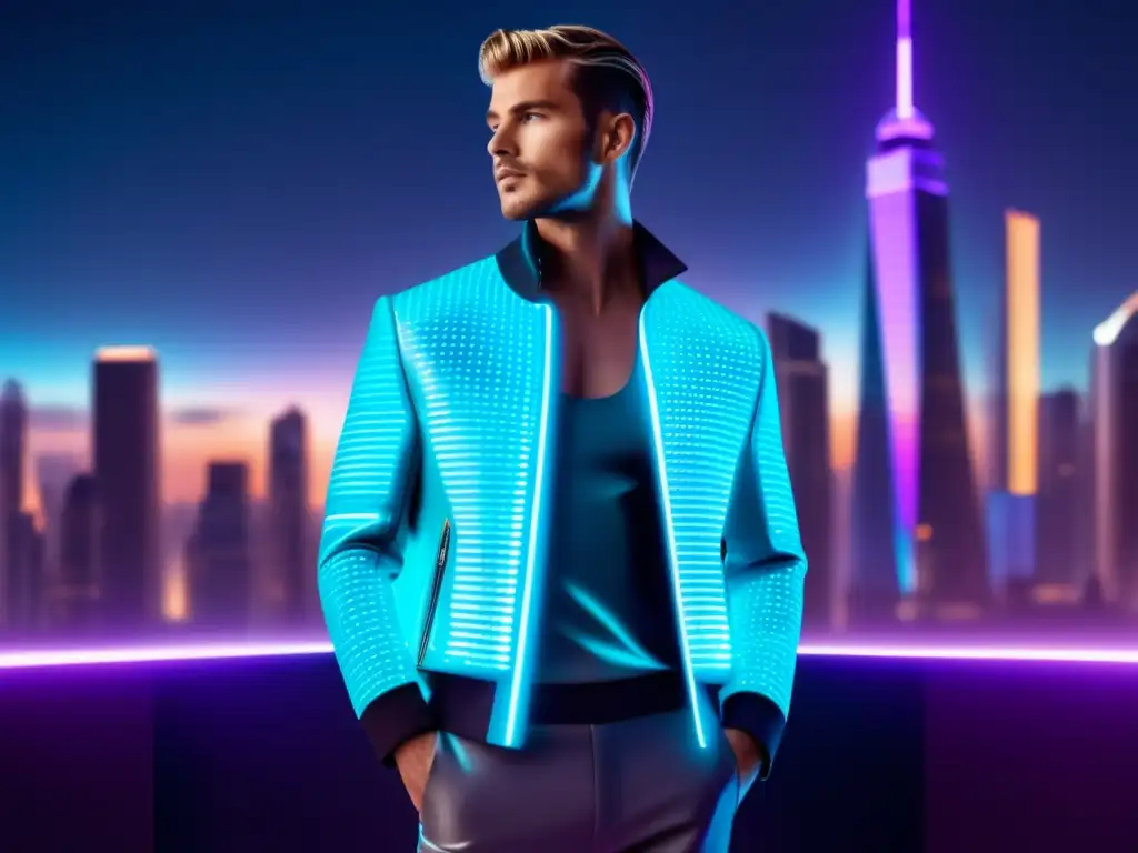 Tendencias moda masculina tecnología ropa: Modelo con atuendo futurista que combina tecnología y moda en una ciudad hightech iluminada por hologramas