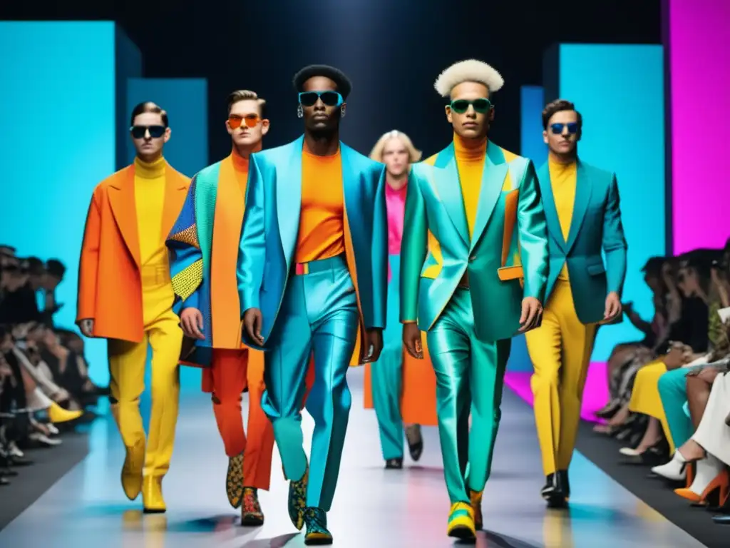 Tendencias moda masculina influencia arte: Desfile vanguardista de modelos masculinos en una pasarela futurista, inspirados en Warhol, Picasso y Dalí