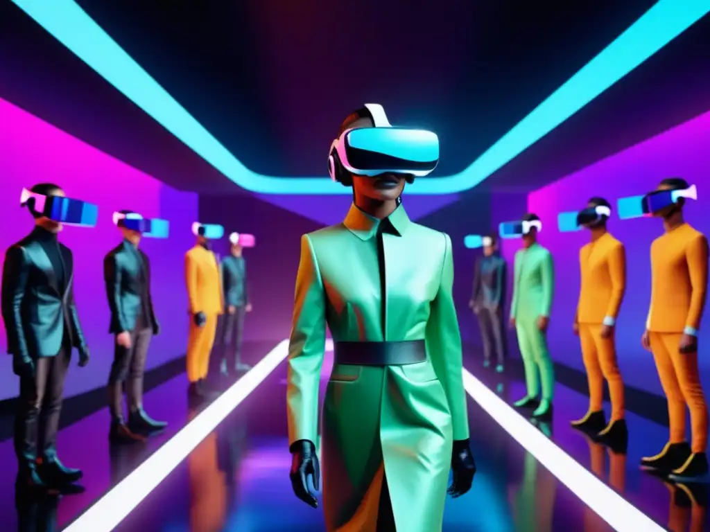 Influencia realidad virtual en moda masculina: desfile futurista VR de modelos hombres con diseños vanguardistas y tecnología de vanguardia