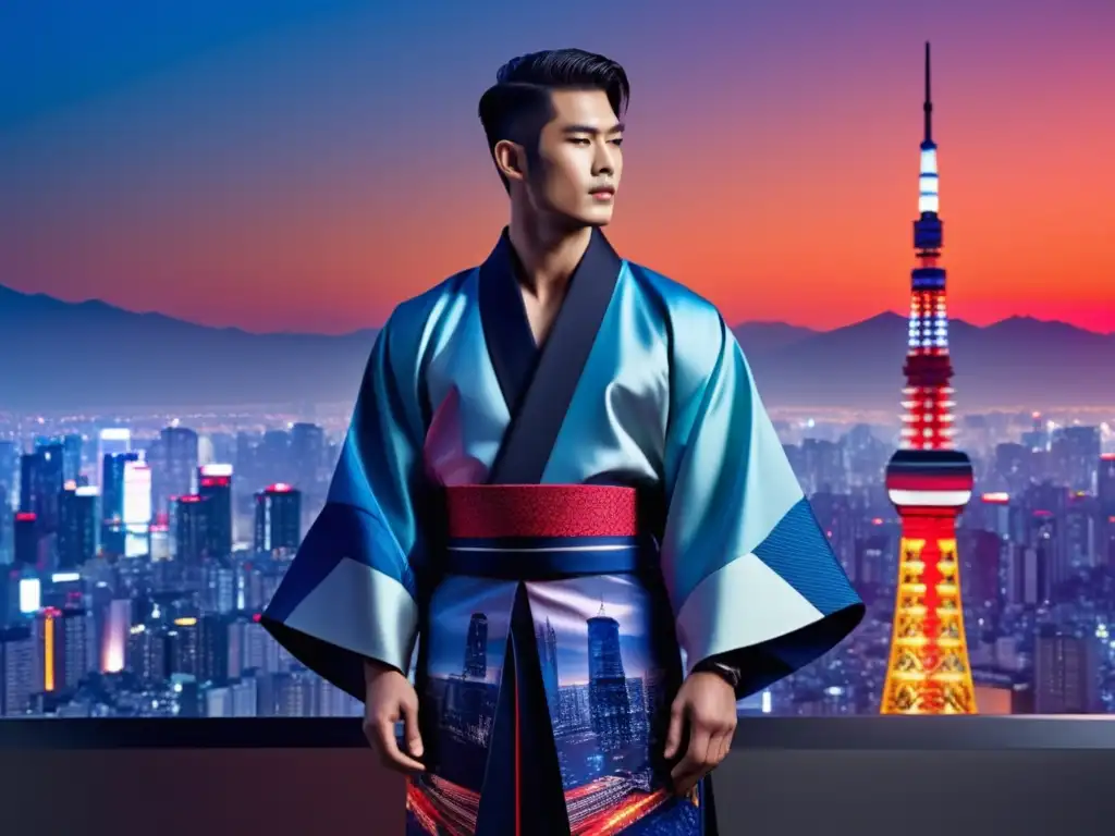 Modelo masculino en kimono japonés fusionando tradición y tecnología