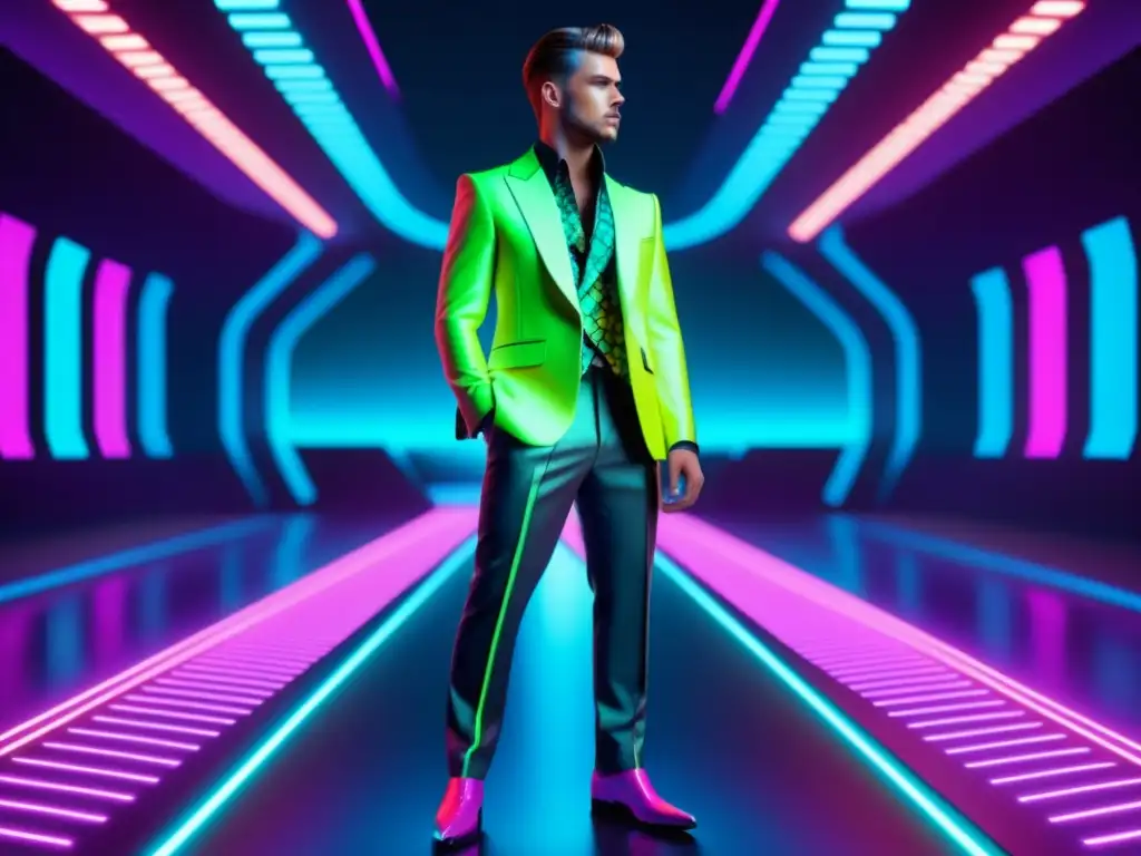 Tendencias moda masculina videojuegos: modelo futurista en pasarela virtual con traje neón, estampados digitales y zapatillas LED