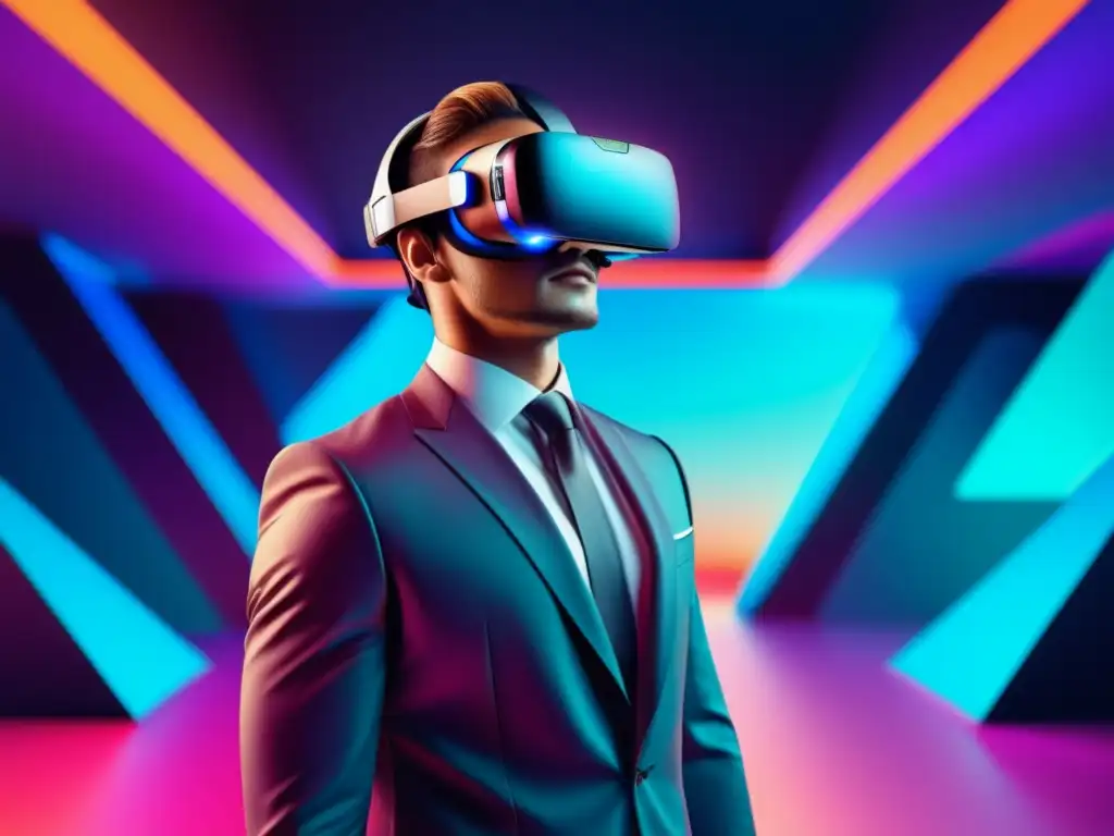 Influencia realidad virtual moda masculina: modelo viste traje moderno y audífonos VR en entorno digital futurista