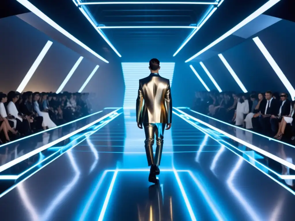 Tendencias moda masculina ciencia ficción: Desfile futurista, modelos con trajes metálicos, holográficos y cibernéticos en pasarela minimalista