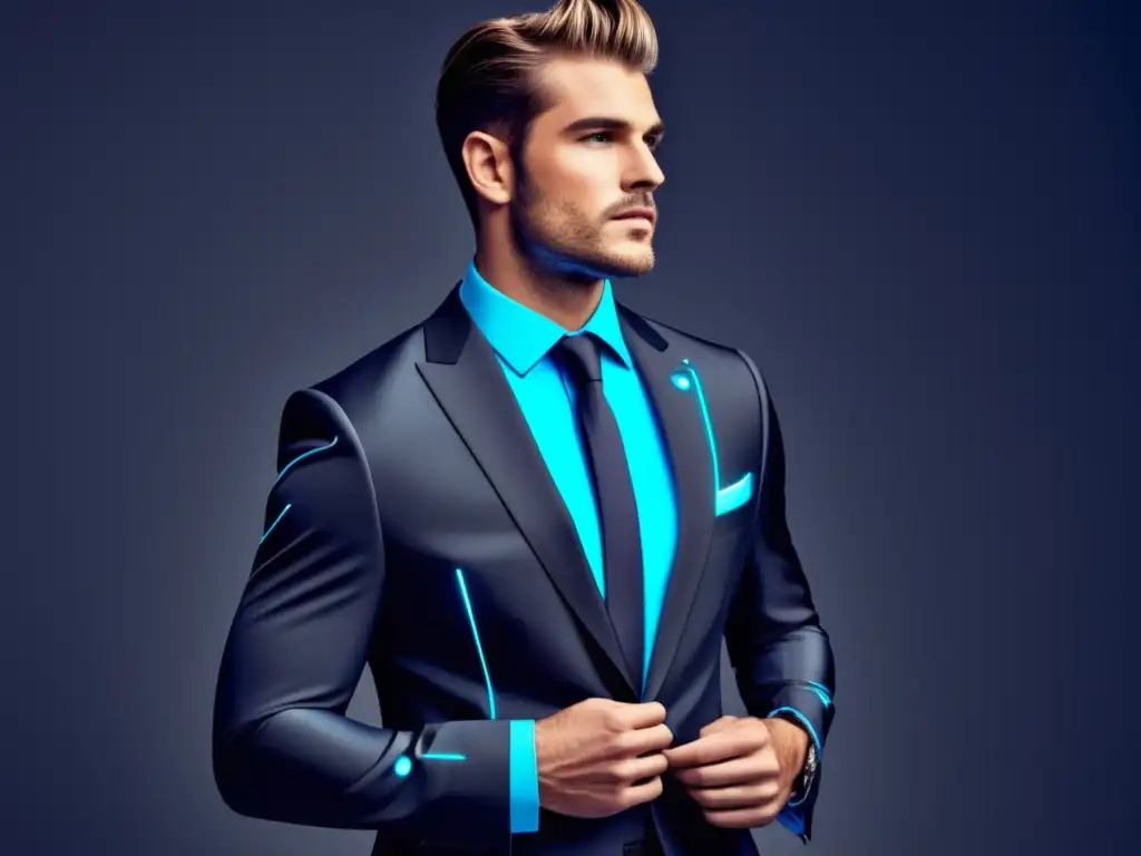 Moda masculina con tecnología innovadora en un traje elegante con funciones inteligentes