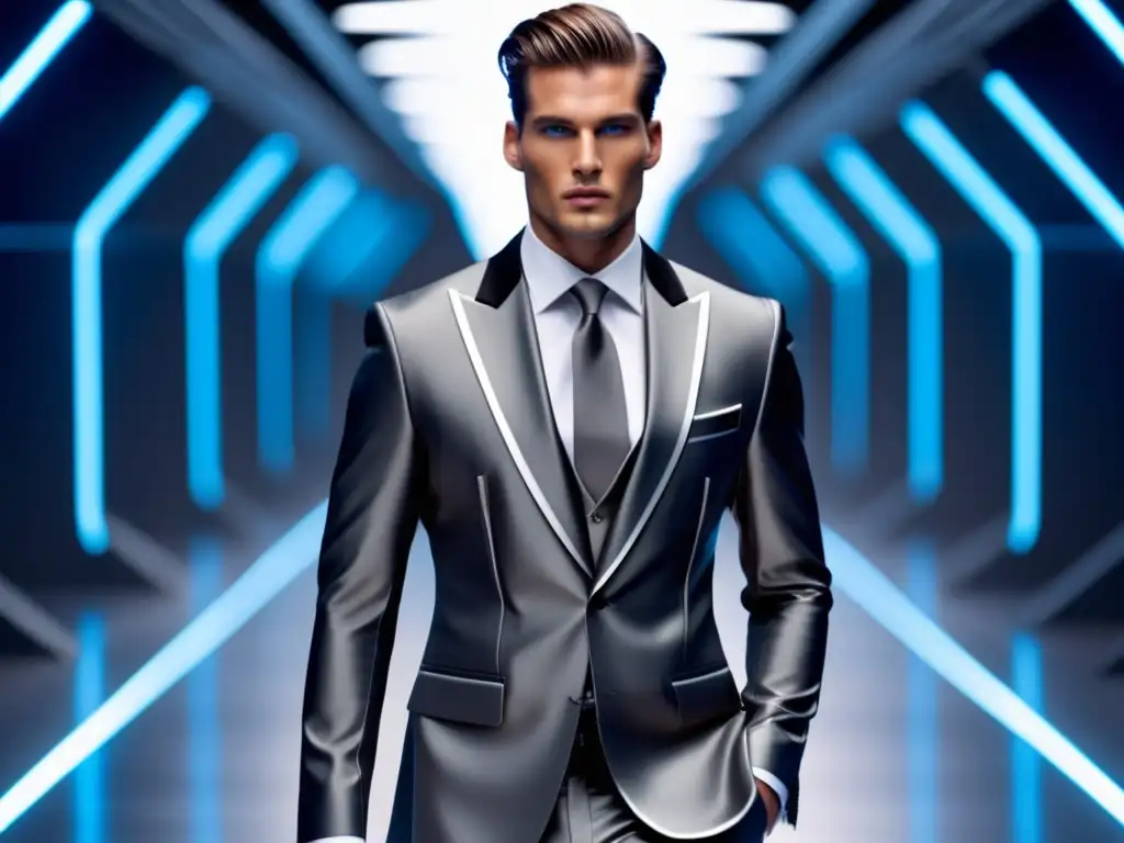 Tendencias moda masculina futuro: Modelo masculino desfila con traje innovador y calzado futurista en una pasarela vibrante y futurista