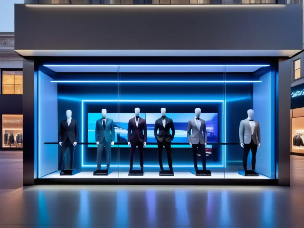 Tienda de moda masculina con publicidad digital y arquitectura futurista