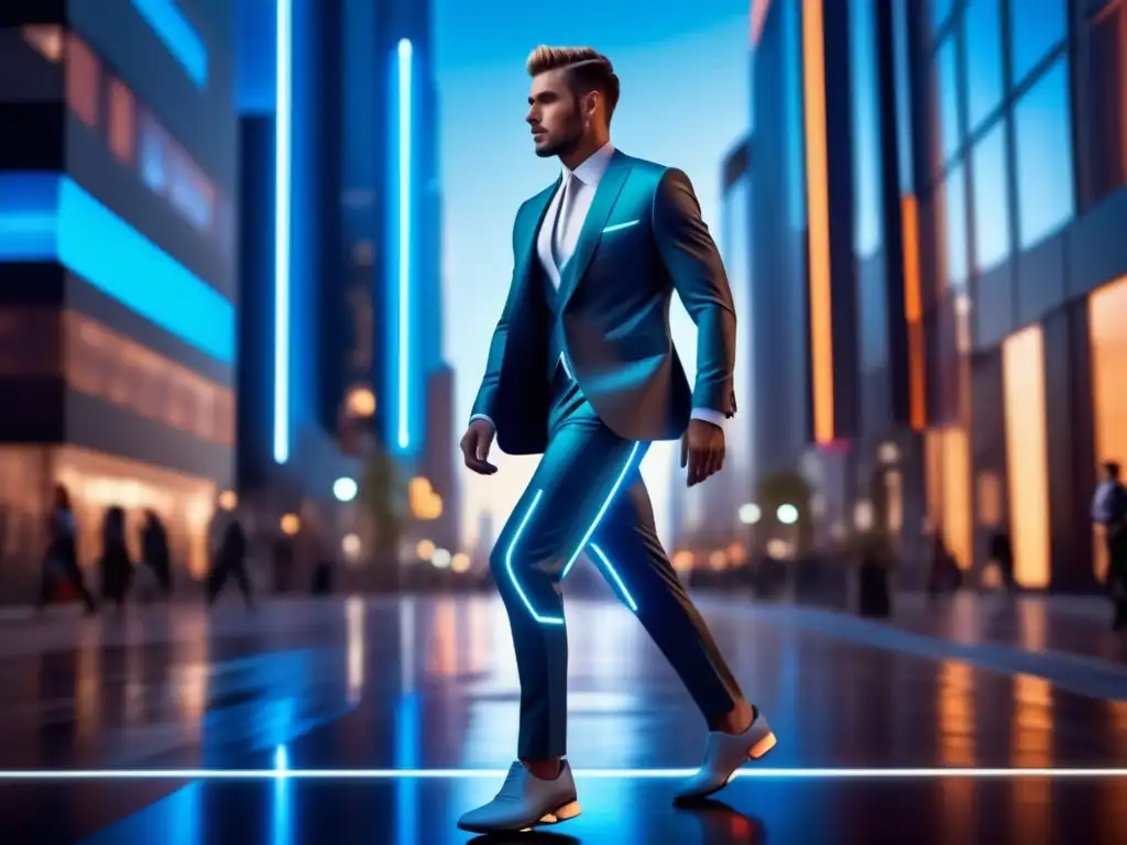 Modelo masculino viste traje inteligente futurista con tecnología de alta gama, zapatos smart con GPS y tendencias moda masculina tecnología