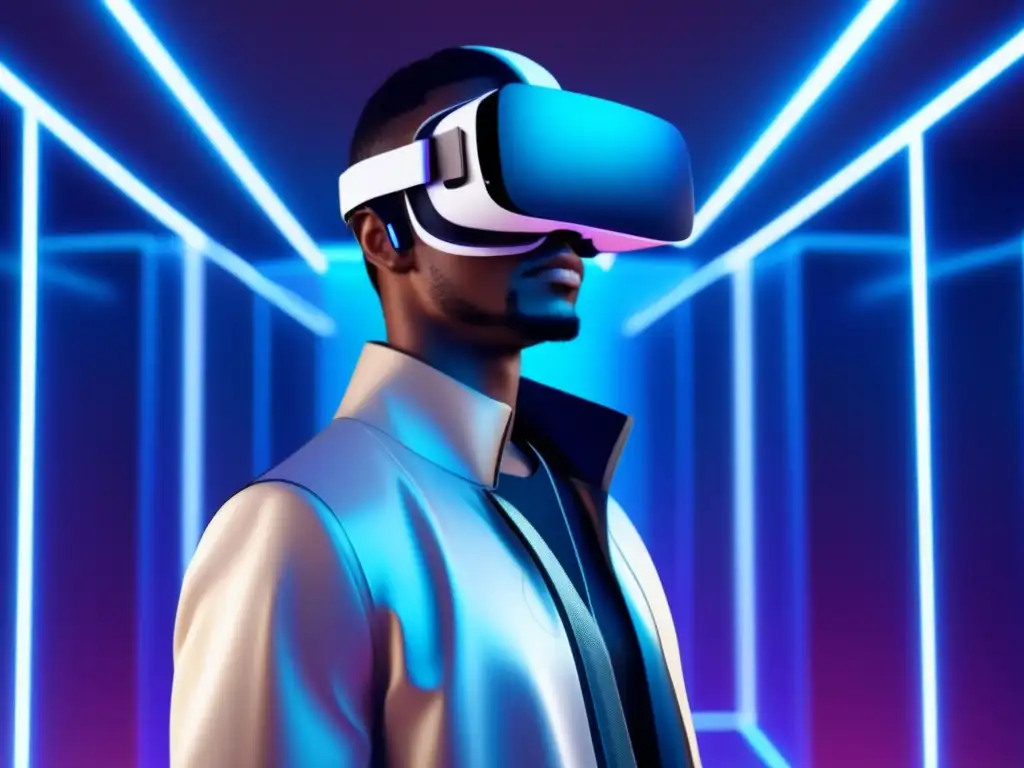 Tendencias moda masculina realidad virtual en experiencia futurista de alta resolución con modelo usando VR headset y ropa digital