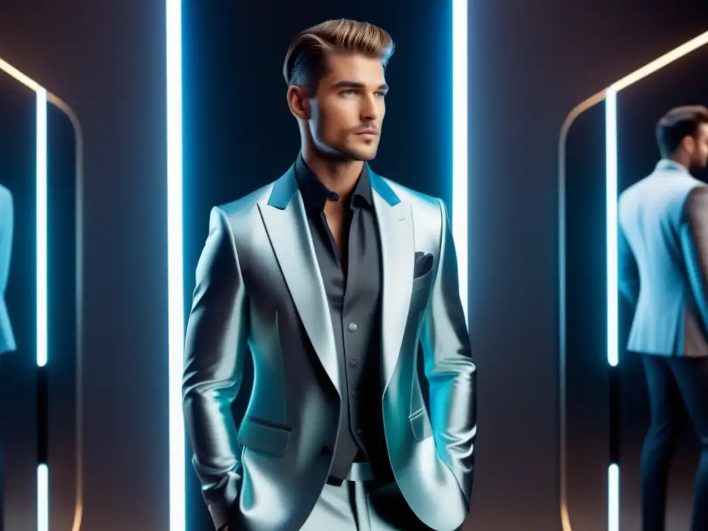 Beneficios de la realidad aumentada en moda masculina: modelo elegante frente a espejo futurista con opciones de outfits personalizados