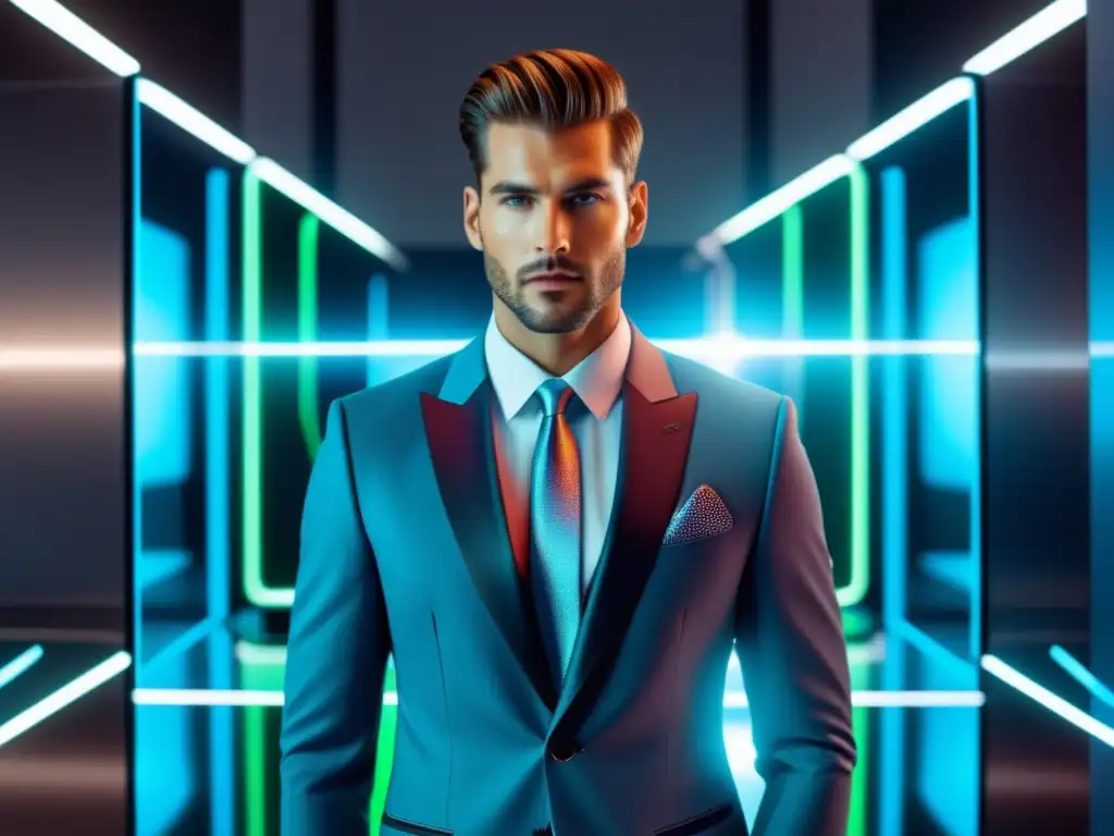 Beneficios de realidad aumentada en moda masculina: modelo elegante usando traje en espejo futurista con interfaz holográfica