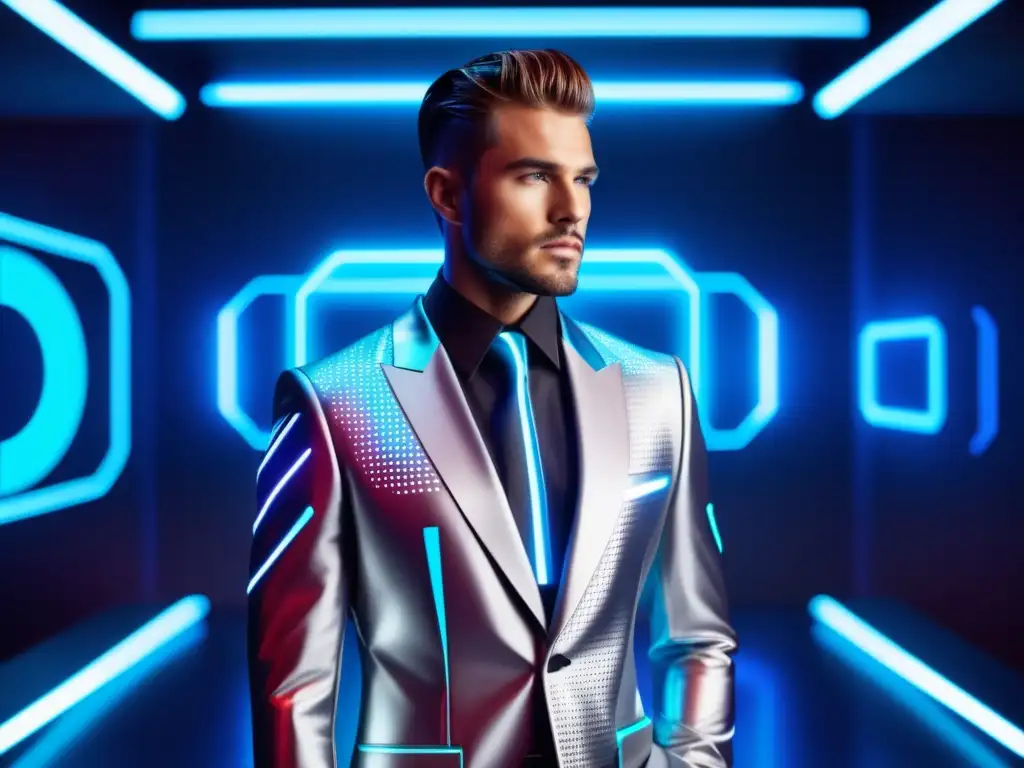 Modelo masculino futurista con traje de alta tecnología, fusionando moda y tecnología