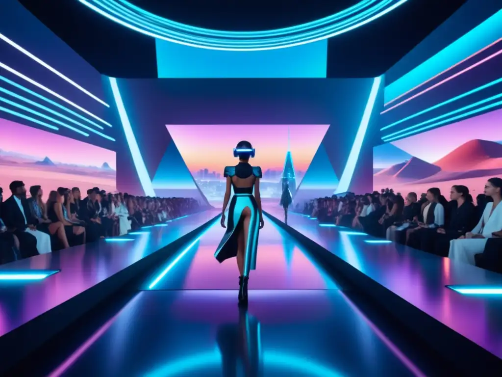 Impacto realidad virtual en moda masculina: desfile futurista con tecnología, moda vanguardista y paisaje digital surrealista