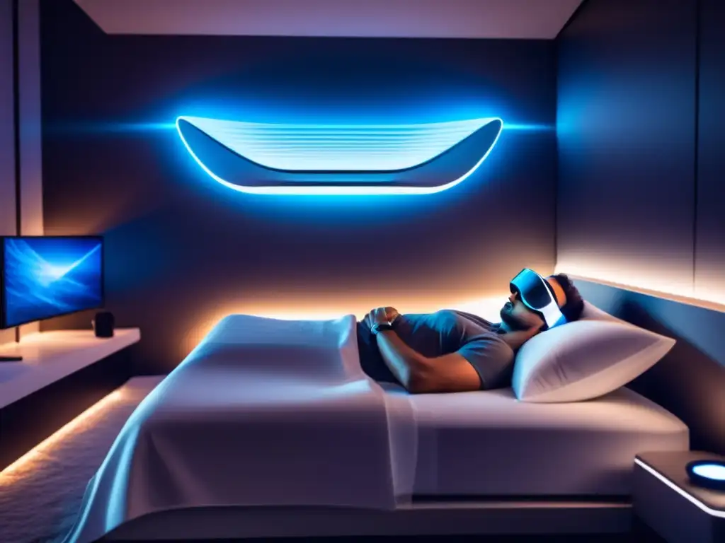 Hombre en cama futurista, luchando contra el jet lag Hombre en cama con tecnología para dormir y efecto del jet lag (Cómo evitar el jet lag masculino)