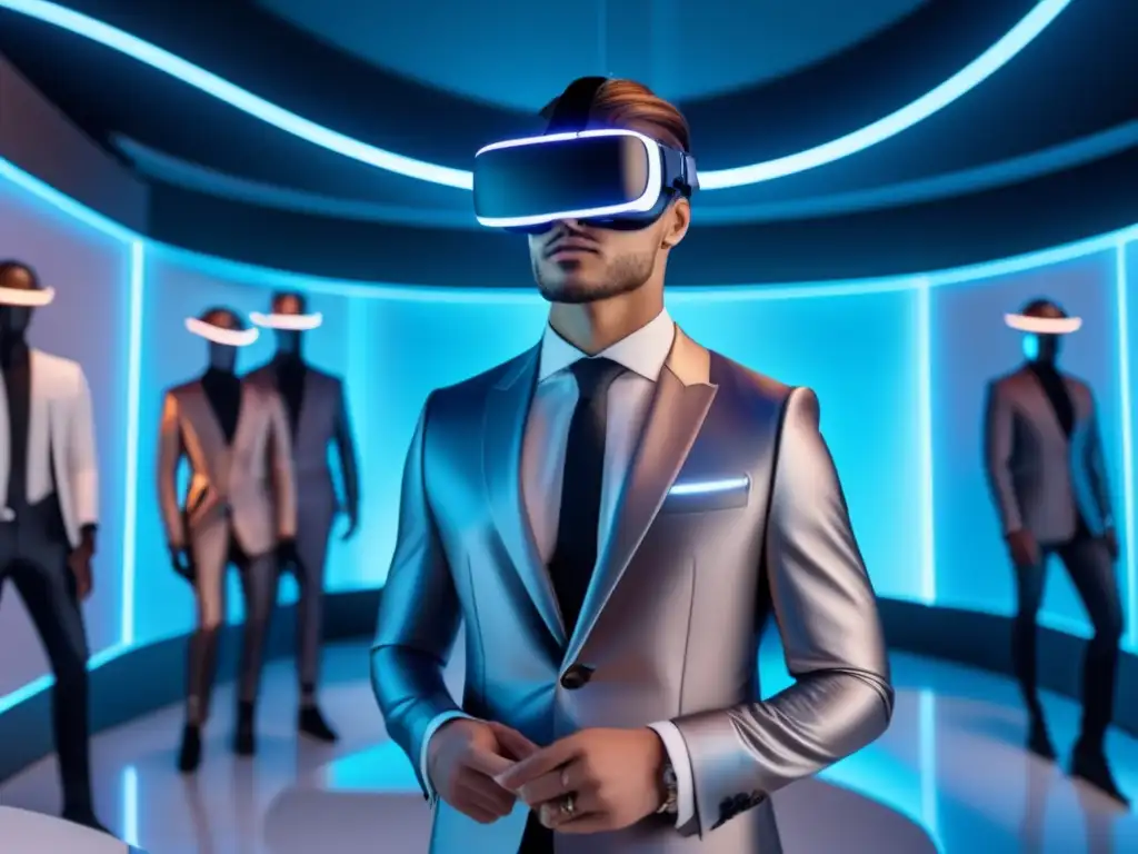 Moda masculina en realidad virtual: modelo con auriculares VR en showroom futurista