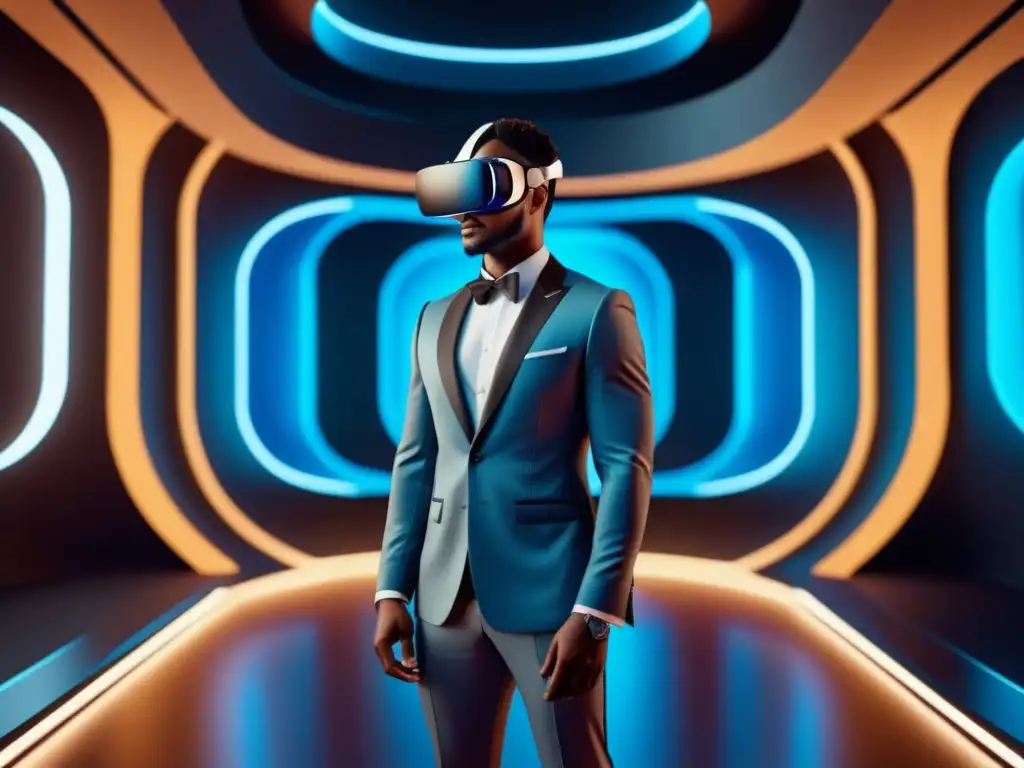 Modelo masculino en traje elegante en entorno de realidad virtual, fusionando tecnología y moda