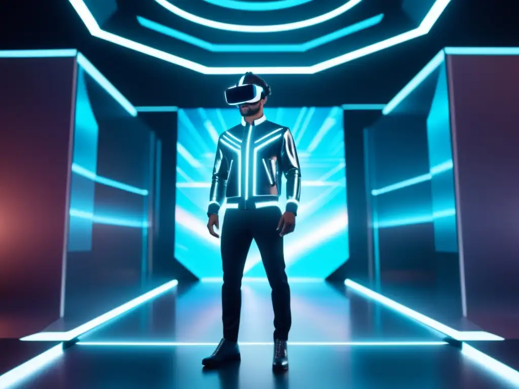 Influencia de la realidad virtual en la moda masculina: modelo en desfile futurista con traje hightech y hologramas